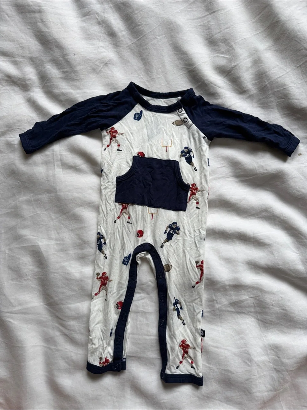 Kyte Navy & White Football-Print Long-Sleeve One-Piece Bodysuit